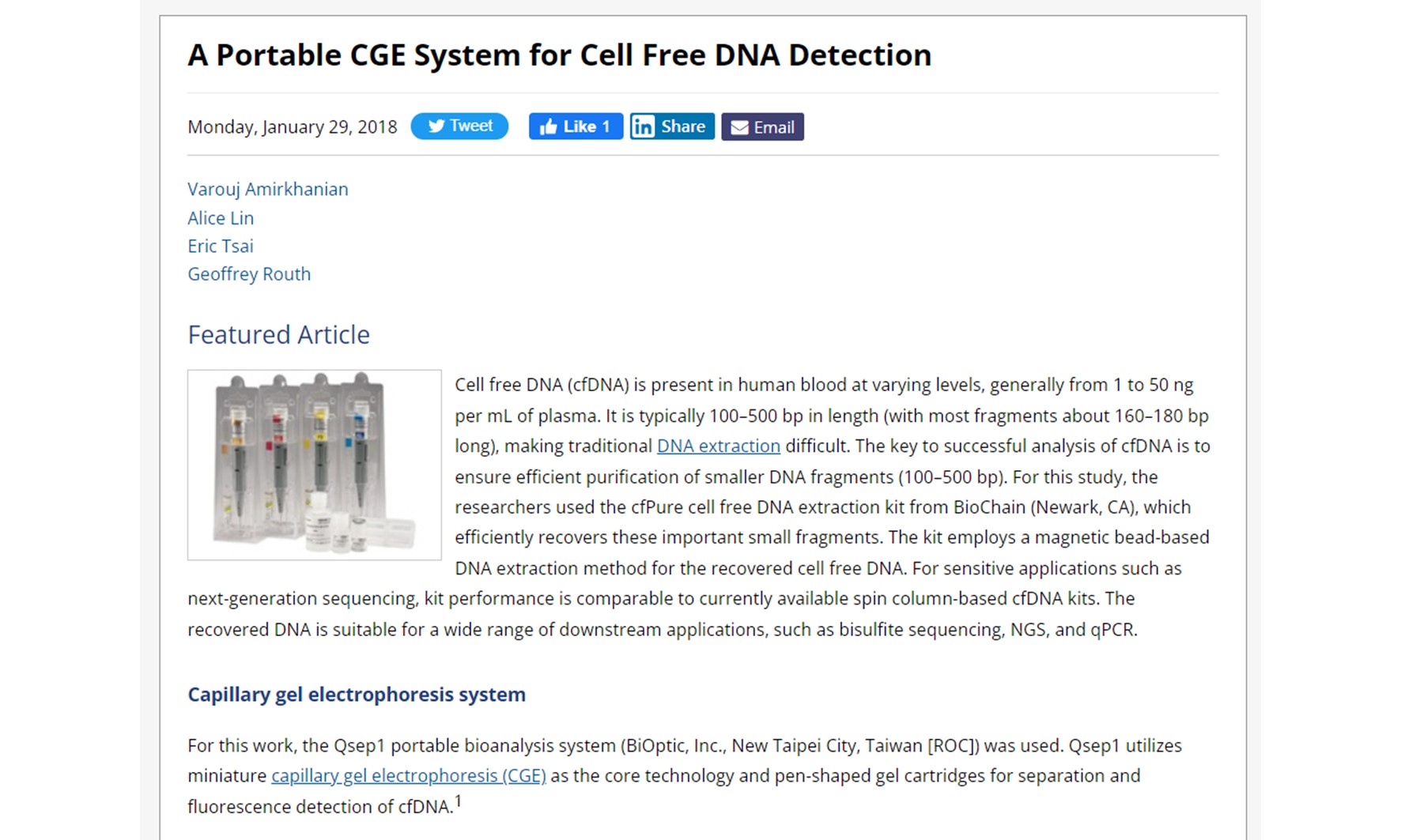 A Portable CGE System for Cell Free DNA Detection