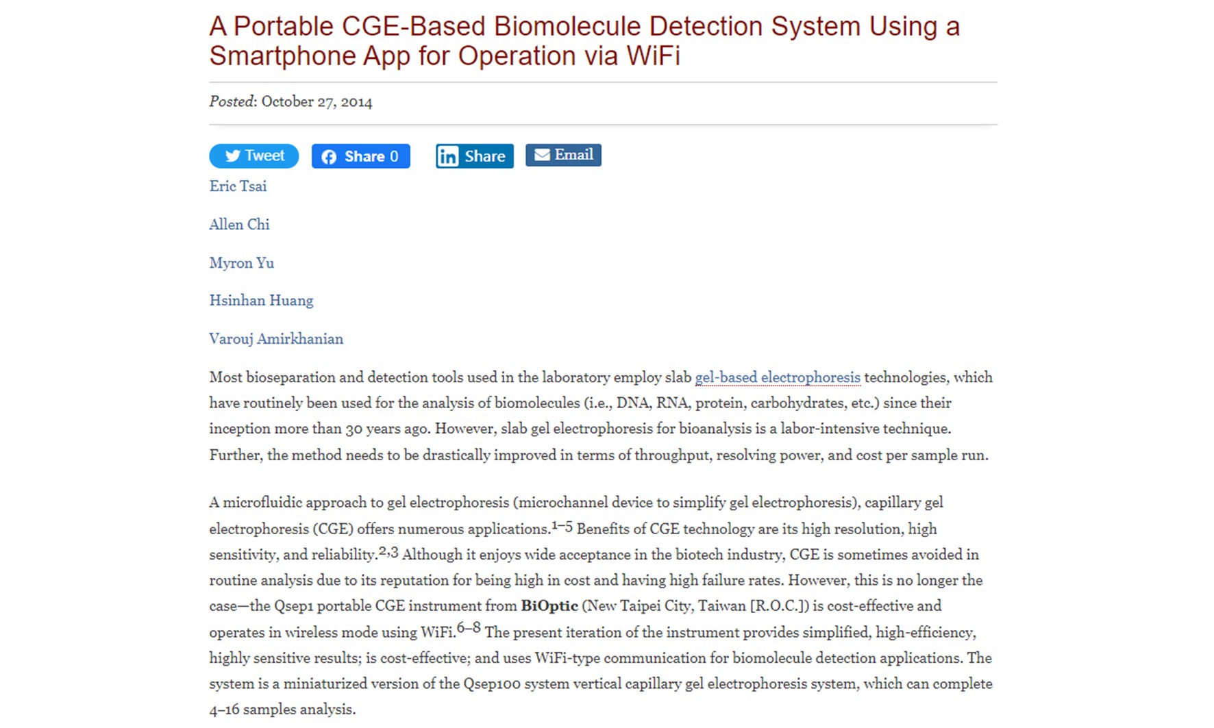 A Portable CGE-Based Biomolecule Detection System Using a Smartphone App for Operation via WiFi